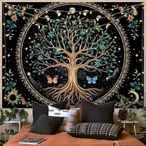 lunerfex tree of life tapastry butterfly moon flower boho floral plant tapestries for bedroom aesthetic's wall hanging mandala botanical tapestry for living room dorm (black, 60x80 inches)
