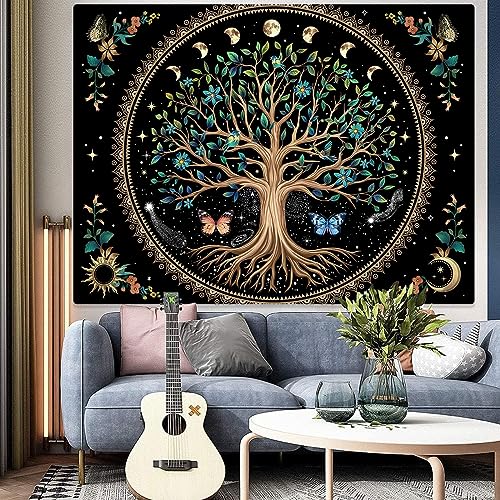 Lunerfex Tree of Life Tapastry Butterfly Moon Flower Boho Floral Plant Tapestries for Bedroom Aesthetic's Wall Hanging Mandala Botanical Tapestry for Living Room Dorm (black, 60x80 inches)