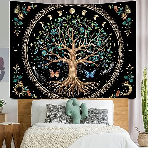 Lunerfex Tree of Life Tapastry Butterfly Moon Flower Boho Floral Plant Tapestries for Bedroom Aesthetic's Wall Hanging Mandala Botanical Tapestry for Living Room Dorm (black, 60x80 inches)