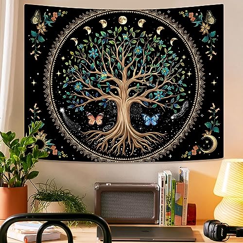 Lunerfex Tree of Life Tapastry Butterfly Moon Flower Boho Floral Plant Tapestries for Bedroom Aesthetic's Wall Hanging Mandala Botanical Tapestry for Living Room Dorm (black, 60x80 inches)