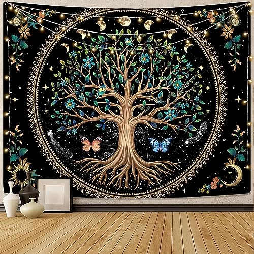 Lunerfex Tree of Life Tapastry Butterfly Moon Flower Boho Floral Plant Tapestries for Bedroom Aesthetic's Wall Hanging Mandala Botanical Tapestry for Living Room Dorm (black, 60x80 inches)