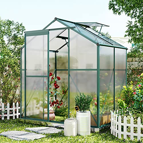 OPTOUGH 6.2x4.3x7.4 FT Polycarbonate Greenhouse with Sliding Door, 2 Vent Window and Base, Walk-in Greenhouse Storage Shed Sunroom Aluminum Hot House for Outdoor Garden Backyard, Green