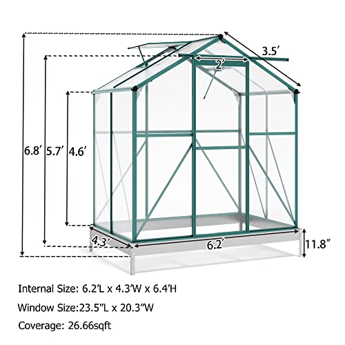 OPTOUGH 6.2x4.3x7.4 FT Polycarbonate Greenhouse with Sliding Door, 2 Vent Window and Base, Walk-in Greenhouse Storage Shed Sunroom Aluminum Hot House for Outdoor Garden Backyard, Green