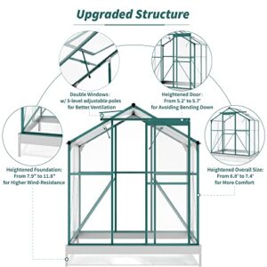 OPTOUGH 6.2x4.3x7.4 FT Polycarbonate Greenhouse with Sliding Door, 2 Vent Window and Base, Walk-in Greenhouse Storage Shed Sunroom Aluminum Hot House for Outdoor Garden Backyard, Green