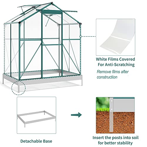 OPTOUGH 6.2x4.3x7.4 FT Polycarbonate Greenhouse with Sliding Door, 2 Vent Window and Base, Walk-in Greenhouse Storage Shed Sunroom Aluminum Hot House for Outdoor Garden Backyard, Green