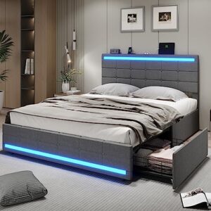 bthfst led queen bed frame with 2 usb charging station,bed frame with drawers,bed frame queen size with adjustable headboard,queen bed with storage,no box spring needed,noise free,dark grey