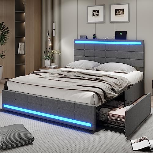 BTHFST LED Queen Bed Frame with 2 USB Charging Station,Bed Frame with Drawers,Bed Frame Queen Size with Adjustable Headboard,Queen Bed with Storage,No Box Spring Needed,Noise Free,Dark Grey