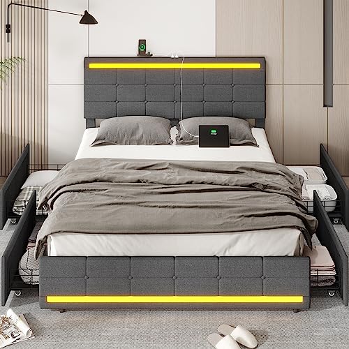 BTHFST LED Queen Bed Frame with 2 USB Charging Station,Bed Frame with Drawers,Bed Frame Queen Size with Adjustable Headboard,Queen Bed with Storage,No Box Spring Needed,Noise Free,Dark Grey