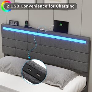 BTHFST LED Queen Bed Frame with 2 USB Charging Station,Bed Frame with Drawers,Bed Frame Queen Size with Adjustable Headboard,Queen Bed with Storage,No Box Spring Needed,Noise Free,Dark Grey