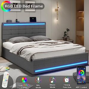 BTHFST LED Queen Bed Frame with 2 USB Charging Station,Bed Frame with Drawers,Bed Frame Queen Size with Adjustable Headboard,Queen Bed with Storage,No Box Spring Needed,Noise Free,Dark Grey