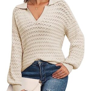 ZAFUL Women's Lapel Collar Sweater V Neck Lantern Sleeve Hollow Out Knit Polo Pullover Sweater Jumper (1-Apricot, L)