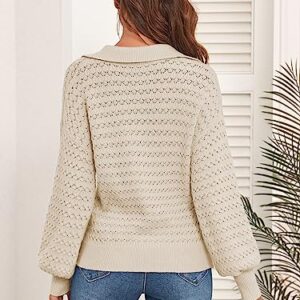 ZAFUL Women's Lapel Collar Sweater V Neck Lantern Sleeve Hollow Out Knit Polo Pullover Sweater Jumper (1-Apricot, L)