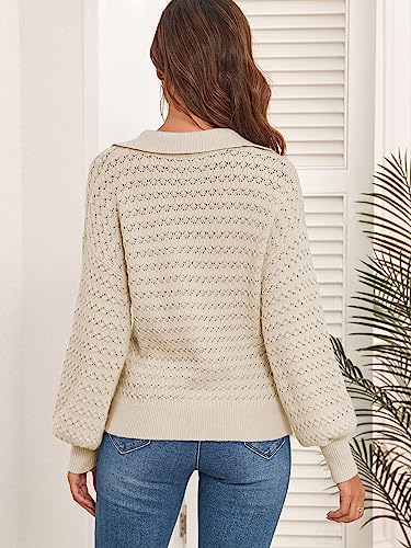 ZAFUL Women's Lapel Collar Sweater V Neck Lantern Sleeve Hollow Out Knit Polo Pullover Sweater Jumper (1-Apricot, L)
