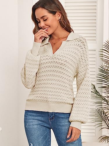 ZAFUL Women's Lapel Collar Sweater V Neck Lantern Sleeve Hollow Out Knit Polo Pullover Sweater Jumper (1-Apricot, L)