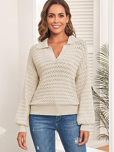 ZAFUL Women's Lapel Collar Sweater V Neck Lantern Sleeve Hollow Out Knit Polo Pullover Sweater Jumper (1-Apricot, L)