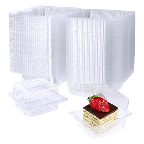 Jizvxe 200 Pcs Clear Plastic Take out Containers,Disposable Fancy Hinged Top Square Clamshell Food Boxes,Cake Slice Containers Clamshell Takeout Tray with Clear Lids,5.3x4.7x2.8 Inch