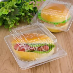 Jizvxe 200 Pcs Clear Plastic Take out Containers,Disposable Fancy Hinged Top Square Clamshell Food Boxes,Cake Slice Containers Clamshell Takeout Tray with Clear Lids,5.3x4.7x2.8 Inch