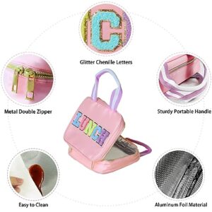 Janhavi Cute Insulated Lunch Bag for Women Personalized Preppy Kids Lunch Box for Girls Reusable Nylon Cooler Bag Lunch Tote Bag with Chenille Letter for School Beach Picnic Travel -LUNCH