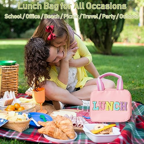 Janhavi Cute Insulated Lunch Bag for Women Personalized Preppy Kids Lunch Box for Girls Reusable Nylon Cooler Bag Lunch Tote Bag with Chenille Letter for School Beach Picnic Travel -LUNCH