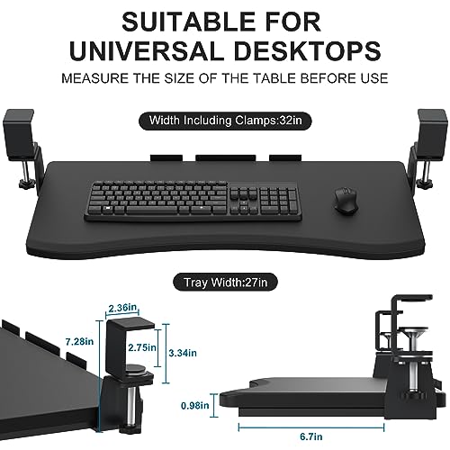 LETIANPAI Keyboard Tray Under Desk,Pull Out Keyboard & Mouse Tray with Heavy-Duty C Clamp Mount,27(32 Including Clamps)x11.8 in Slide Out Platform Computer Drawer,Suitable for home work or office work