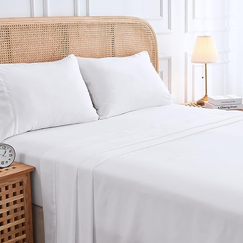 HUXMEYSON King Sheets Set, 4-Piece Bed Sheets & Pillowcases, Cooling Sheets with 16-inch Deep Pocket, White