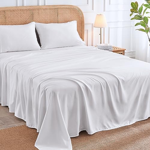 HUXMEYSON King Sheets Set, 4-Piece Bed Sheets & Pillowcases, Cooling Sheets with 16-inch Deep Pocket, White