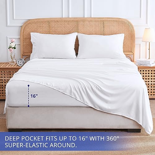 HUXMEYSON King Sheets Set, 4-Piece Bed Sheets & Pillowcases, Cooling Sheets with 16-inch Deep Pocket, White