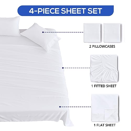 HUXMEYSON King Sheets Set, 4-Piece Bed Sheets & Pillowcases, Cooling Sheets with 16-inch Deep Pocket, White