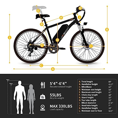 Jasion EB5 Plus Electric Bike for Adults 500W Motor 45 Miles 20.5MPH 480WH Removable Battery Commuting Electric Mountain Bike 27.5" Tires Front Fork Suspension 7-Speed