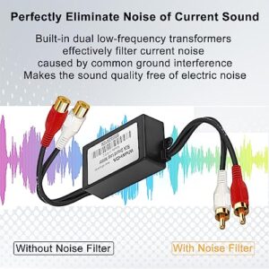 RCA Noise Filter Hum Eliminator (No Reduce Bass) Ground Loop Isolator Quality Buzz Eliminator Isolator for HiFi Stereo Home Theater Car Audio Player Plug&Play (Black)