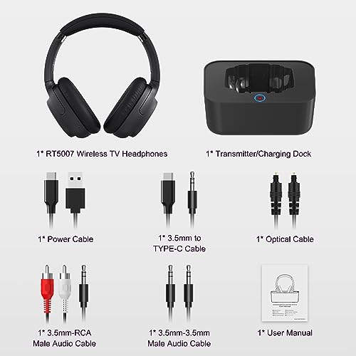 Soundodo Wireless headphones for tv watching with Bluetooth 5.2 Transmitter Charging Dock,Optical,Coaxial,AUX,RCA,Plug n Play,50Hr Playtime,No Delay,headphones for hard of hearing,165ft Long Range