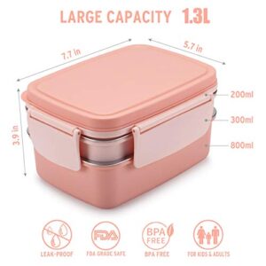 Freshmage Stainless Steel Bento Box Adult Lunch Box, Leakproof Stackable Large Capacity Dishwasher Safe Lunch Container with Divided Compartments, Pink