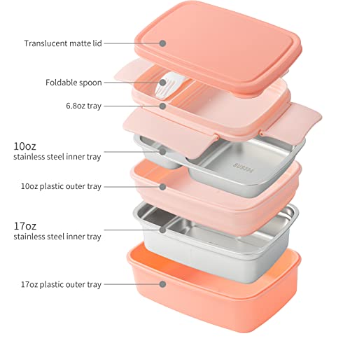 Freshmage Stainless Steel Bento Box Adult Lunch Box, Leakproof Stackable Large Capacity Dishwasher Safe Lunch Container with Divided Compartments, Pink