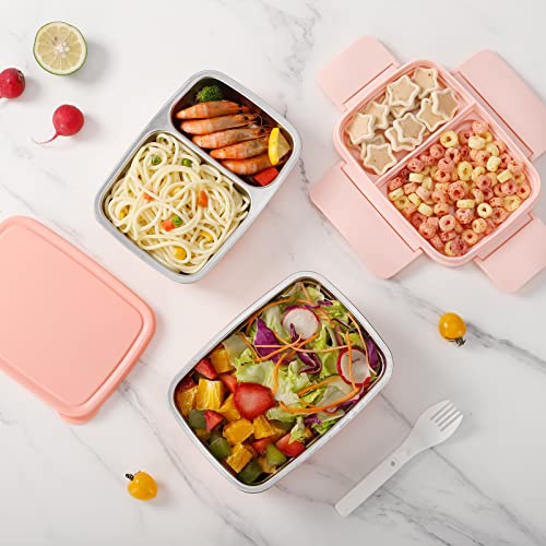 Freshmage Stainless Steel Bento Box Adult Lunch Box, Leakproof Stackable Large Capacity Dishwasher Safe Lunch Container with Divided Compartments, Pink