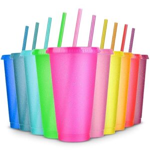 reusable cups with lids and straws,glitter disposable cups,tumblers plastic iced coffee travel mug cup for party juice parties flamingo,birthday christmas party,for kids friends gifts,24 oz,10 color
