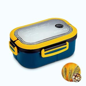 cute colorful blue & yellow bento lunch box containers with detachable divider, leakproof seal, microwave and dishwasher safe (1200ml), with reusable utensils for your daily takeaway meals.