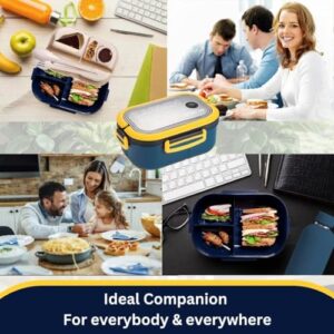Cute colorful Blue & Yellow Bento Lunch Box containers with Detachable Divider, leakproof seal, Microwave and dishwasher safe (1200ml), with reusable utensils for your daily takeaway meals.