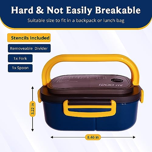Cute colorful Blue & Yellow Bento Lunch Box containers with Detachable Divider, leakproof seal, Microwave and dishwasher safe (1200ml), with reusable utensils for your daily takeaway meals.