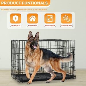 PayLessHere Large Dog Crate Kennel for Medium Large Dogs Metal Dog Cage Double-Door Folding Travel Indoor Outdoor Puppy Playpen with Divider and Handle Plastic Tray (42 Inch, Black)