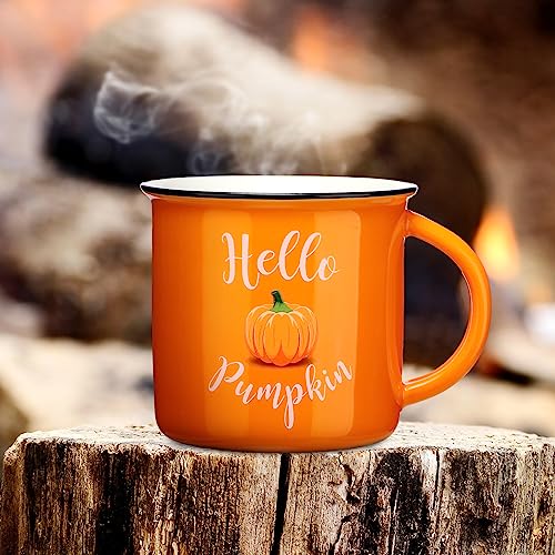 Mumufy 2 Pcs 14oz Hello Pumpkin Fall Mugs Pumpkin Spice Autumn Coffee Mug Orange Pumpkin Mug Campfire Autumn Coffee Cups for Happy Halloween Thanksgiving Decor Kitchen Decorations Thank You Gift