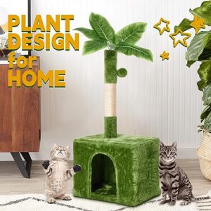 TSCOMON 41" Cat House Cat Tree for Indoor Kitten Small Cats with Green Leaves, Cozy Plush Indoor Plant Design Cat House Cute Cat Condo Cat Scratching Posts with Hang Ball, Green Pet Home Cat Furniture