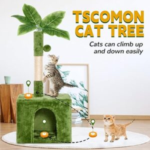 TSCOMON 41" Cat House Cat Tree for Indoor Kitten Small Cats with Green Leaves, Cozy Plush Indoor Plant Design Cat House Cute Cat Condo Cat Scratching Posts with Hang Ball, Green Pet Home Cat Furniture