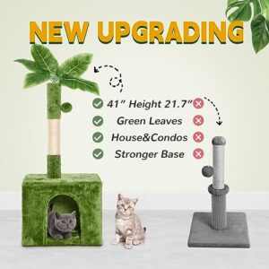 TSCOMON 41" Cat House Cat Tree for Indoor Kitten Small Cats with Green Leaves, Cozy Plush Indoor Plant Design Cat House Cute Cat Condo Cat Scratching Posts with Hang Ball, Green Pet Home Cat Furniture