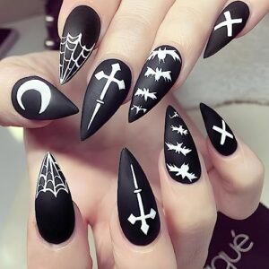 halloween press on nails almond, glue on nails with spide ghost bat pattern, black coffin fake nails stick on nails, includes prep pad, mini file, cuticle stick, glue, jelly glue and 24 fake nails