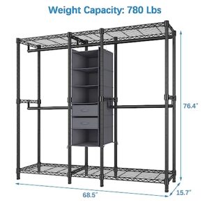 VIPEK V6E Heavy Duty Clothes Rack with 6-Shelf Hanging Closet Organizer, Portable Metal Clothing Rack Large Freestanding Closet Wardrobe for Bedroom, Max Load 780 LBS, Black