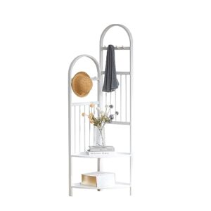 latifolia corner clothing rack, bamboo clohes rack with 8 hooks for hanging clothes, hats, bottom two shelves for storage, white