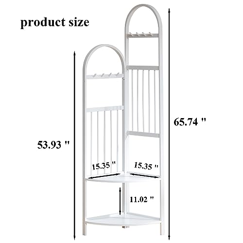 latifolia Corner Clothing Rack, bamboo clohes rack with 8 Hooks for hanging clothes, hats, Bottom two shelves for storage, white