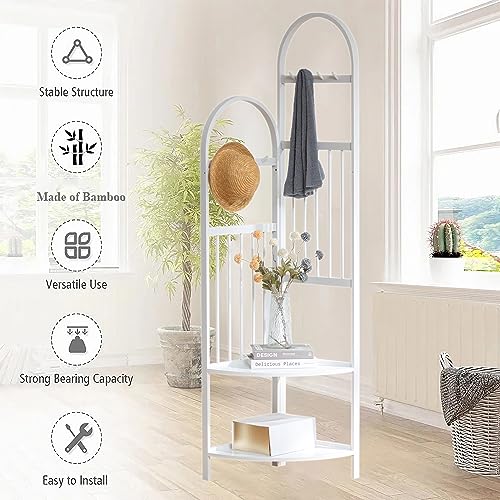 latifolia Corner Clothing Rack, bamboo clohes rack with 8 Hooks for hanging clothes, hats, Bottom two shelves for storage, white