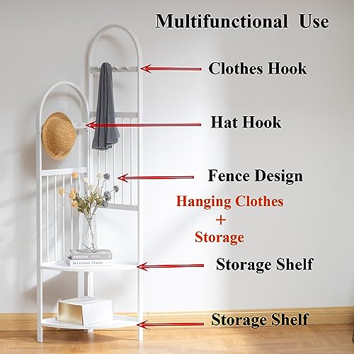 latifolia Corner Clothing Rack, bamboo clohes rack with 8 Hooks for hanging clothes, hats, Bottom two shelves for storage, white