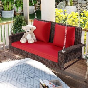 eafurn 2-person wicker hanging porch swing, outdoor patio rattan bench loveseat chair with sturdy steel chain/back and seat cushion and pillows, suitable for deck, backyard, garden, brown+red